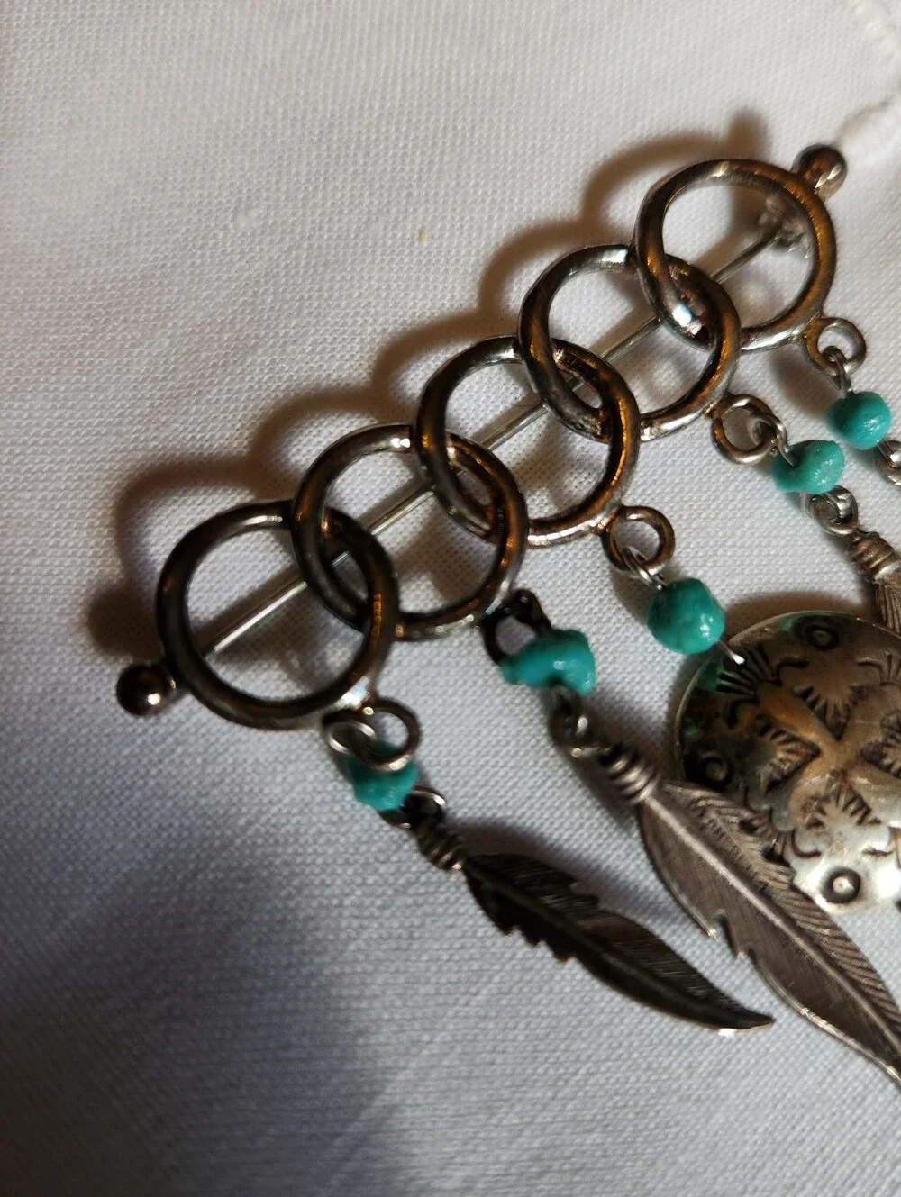 Vintage Native American Navajo Circle Brooch Pin w/ Feathers Turquoise Sterling
